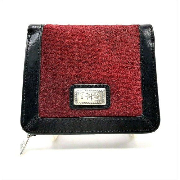 BRIGHTON Wine Cowhide Blk Leather Snap Flap Wallet - Picture 1 of 7